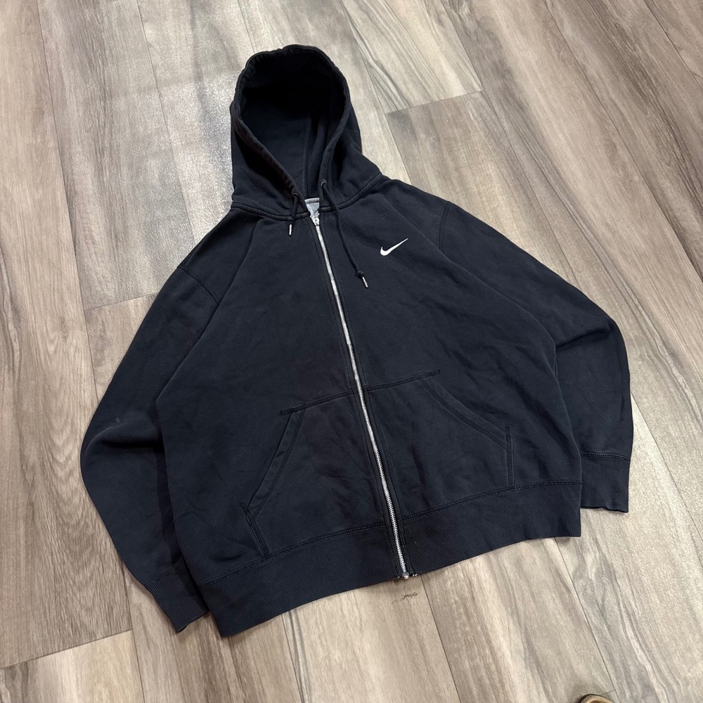 Nike Mens XL Full Zip Hoodie Black White Swoosh Embroidered Fleece Jacket